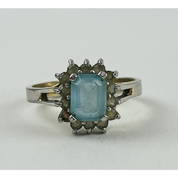 Jewelry - Vintage Ring 14K GE Gold Electroplate Taiwan Size 9 Aquamarine Blue Pale Rhinest